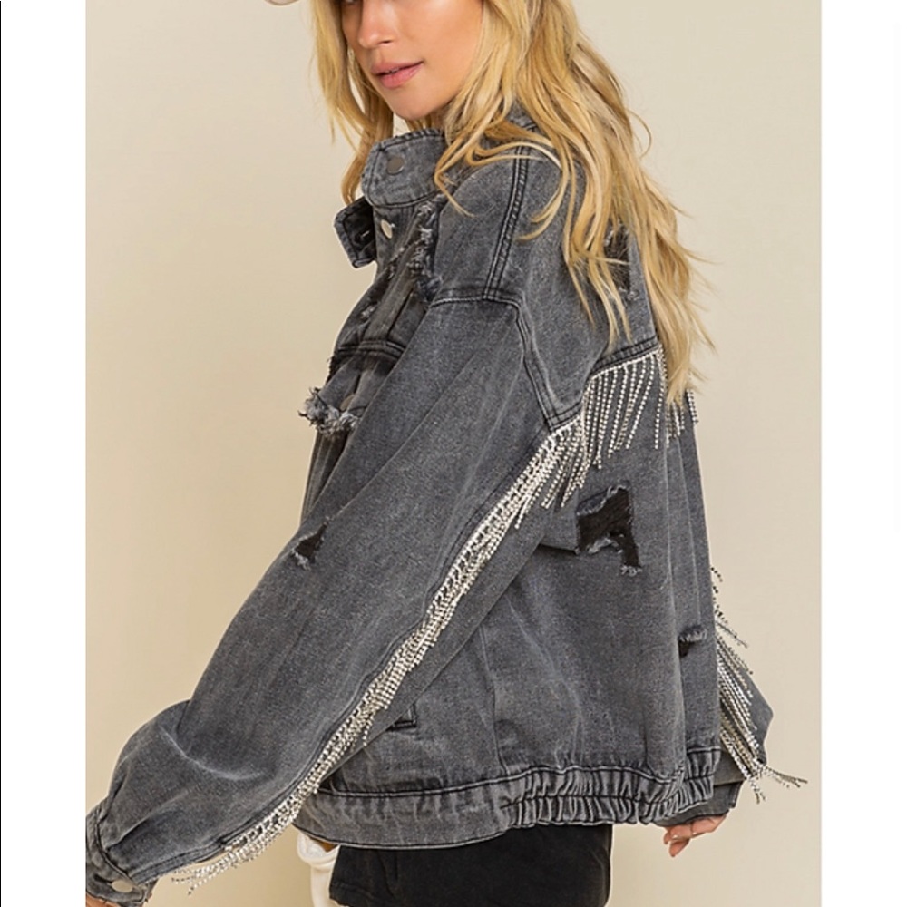 Crystal fringe denim jacket